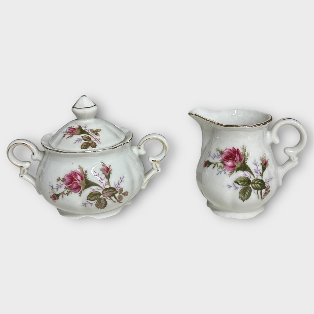 VTG Fred Roberts Company China Moss Rose Sugar Bowl + Lid Creamer Set Japan‎